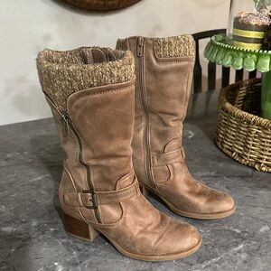BareTraps Tan Heeled Boots with Knit Trim